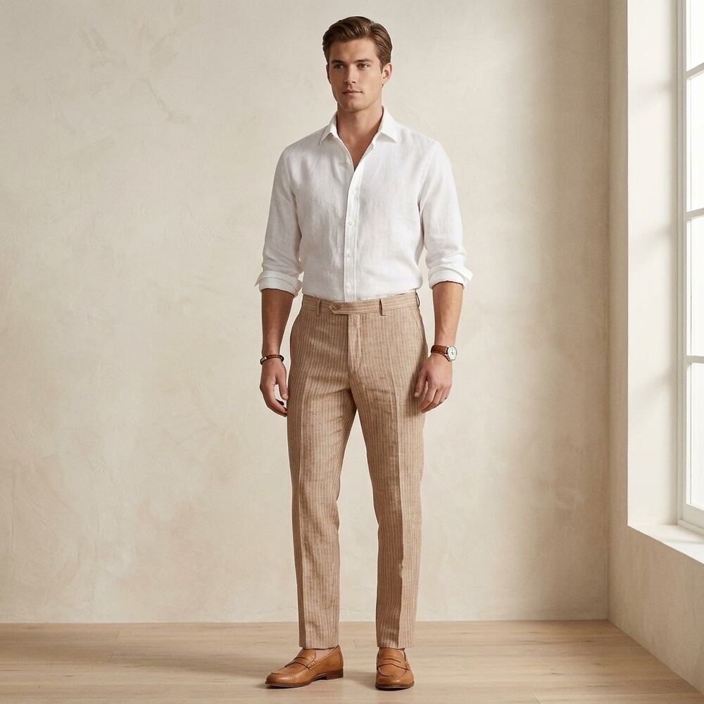 Lauren Ralph Lauren Linen Pants Mens 32x32 Beige Stripe Preppy Trousers Coastal